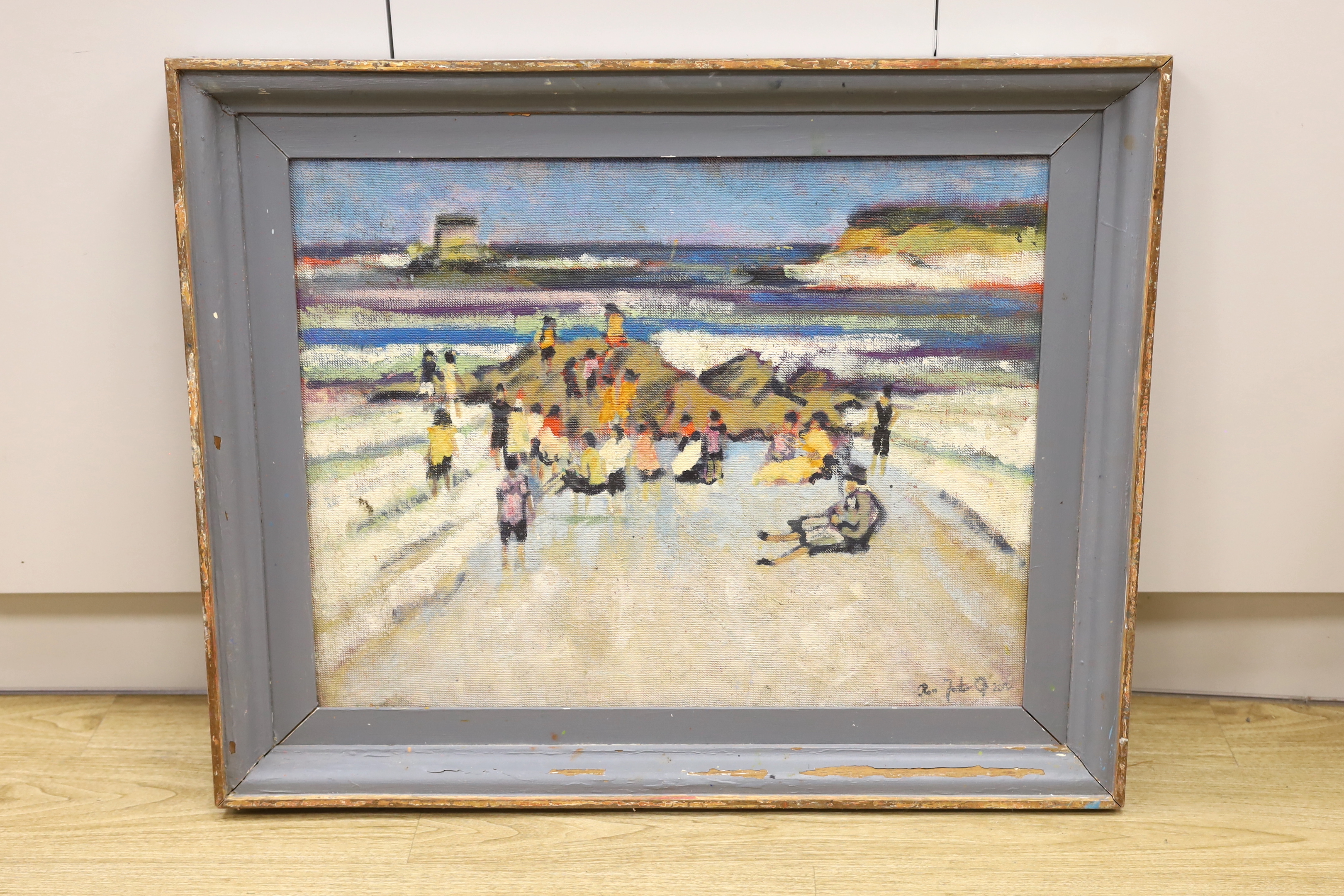 Ross Foster (Contemporary), Impressionist oil on canvas board, Beach scene with figures, signed and indistinctly dated, 55 x 70cm